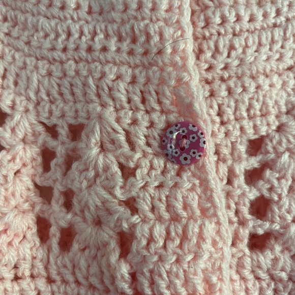 Handmade Crochet Pink Cardigan Sweater with Floral Buttons, Short Sleeve - Picture 4 of 6